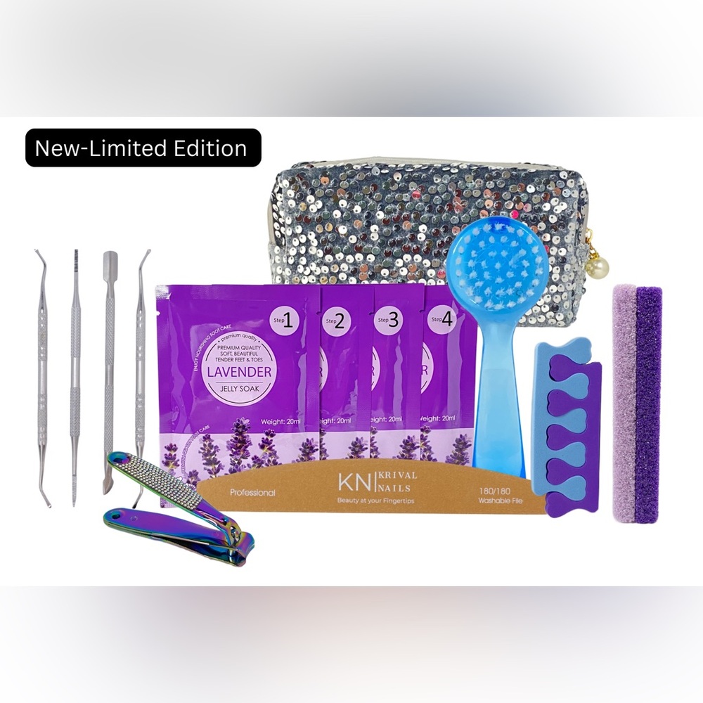 Lavender Pedicure Set in Silver Velvet Sequins Makeup Bag